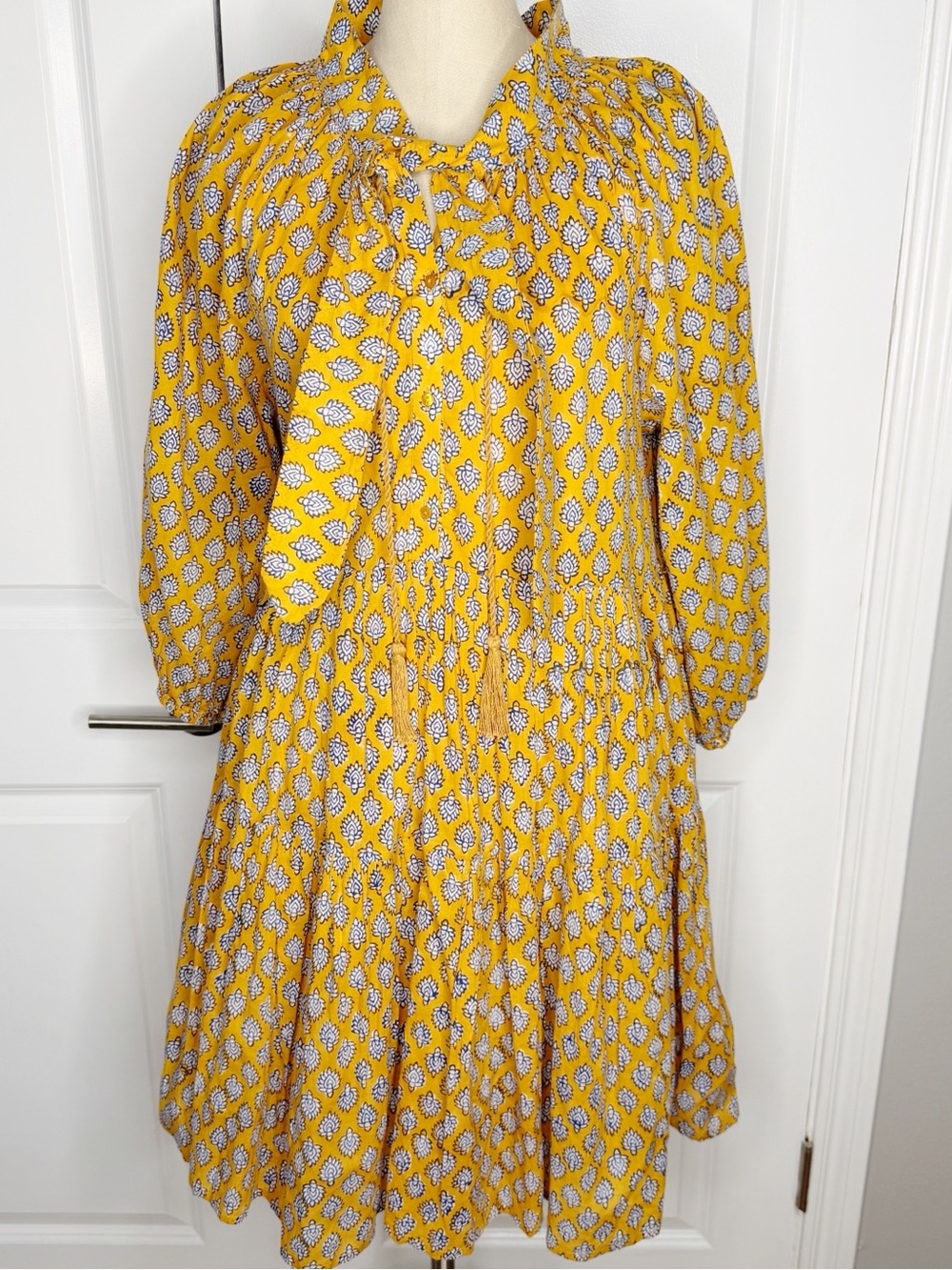 India Collection Emerson Fry Yellow block print Tie-Neck Dress Cotton boho SZ M